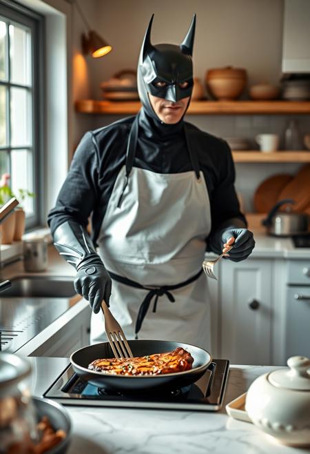 ultra realistic, authentic, batman in white apron, doing the cooking, frying a steak, pan and fork in hand, beautiful summer kitchen, mondain, busy, looking away, relaxing photo, calming atmosphere