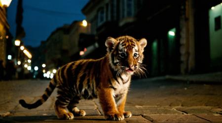 photo, cinematic, baby tiger, Istanbul, night, city, movie still, masterpiece, epic, (bokeh:0.4)