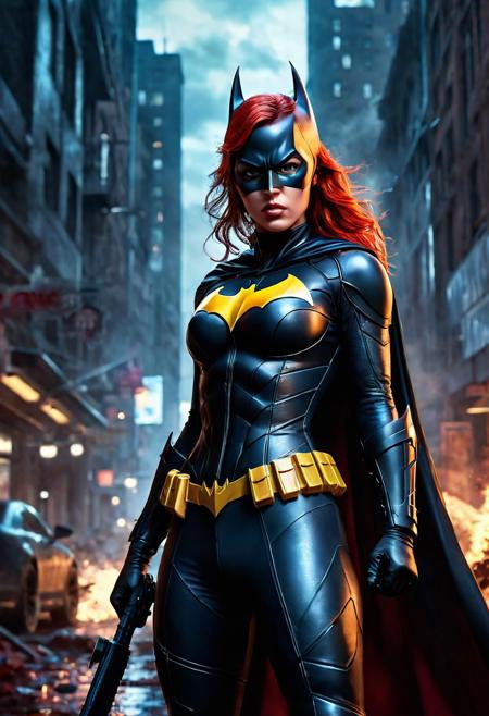 High resolution ultra-realistic of beautiful realistic  Batgirl is fighting a battle, cinematic style, standing on a bloody and stormy battlefield in a fighting pose, bloody massacre, realistic modern combat costume, black mask, red cape, perfect athletic figure, wavy red hair, handsome dirty bloody face, beautiful perfect detailed pupils, wet oily shiny skin, covered in dirt and blood, beautiful firm Breasts, defiant and seductive, sexy 20 year old girl, 8k resolution concept art portrait by Greg Rutkowski, Dark Gotham City, realistic blue eyes, full body, Artgerm, WLOP, Alphonse Mucha, dynamic lighting, hyperdetailed, intricately detailed, Splash art trending on Artstation triadic colors, Unreal Engine, 5 volumetric lighting, Cinematic Lighting, intricate, smooth, sharp focus digital painting, Asymmetrical Balance, painting, dynamic lighting