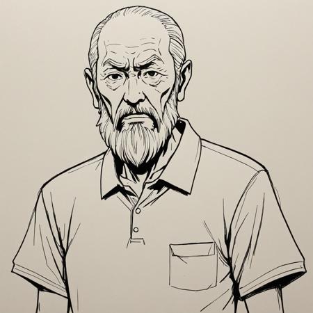 pixlineart, sketch, drawing, old japanese man with long beard, wearing polo shirt, simple anime style, 2D, Cartoon Rendering