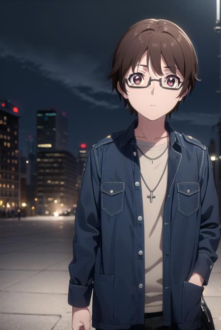 soutamizushino, <lora:souta mizushino s1-lora-nochekaiser:1>,
souta mizushino, brown hair, (brown eyes:1.3), male focus, glasses,
BREAK shirt, jewelry, necklace, uniform, pocket, pants, black pants,
BREAK outdoor, city, night, sky, buildings, moon, clouds,
BREAK looking at viewer, (cowboy shot:1.5),
BREAK <lyco:GoodHands-beta2:1>, (masterpiece:1.2), best quality, high resolution, unity 8k wallpaper, (illustration:0.8), (beautiful detailed eyes:1.6), extremely detailed face, perfect lighting, extremely detailed CG, (perfect hands, perfect anatomy),