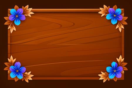 <lora:WoodenMenu_v3:0.75> brown wooden rectangle with (flowers:1.1), blue background