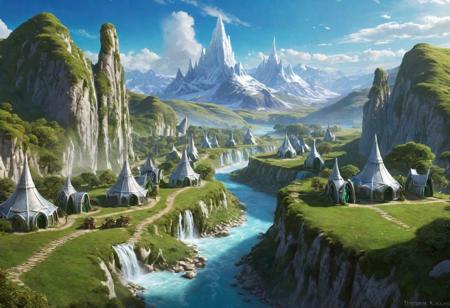 An elven village surrounded by white monoliths surging with magic at the bottom of green hills with a river running through it, clear blue skies in the background, by Thomas Kincade, Richard Sigamani, 8k photorealistic, cinematic lighting, HD, high details, dramatic, trending on artstation" -W 768 -n 5 -i -S 1133104360