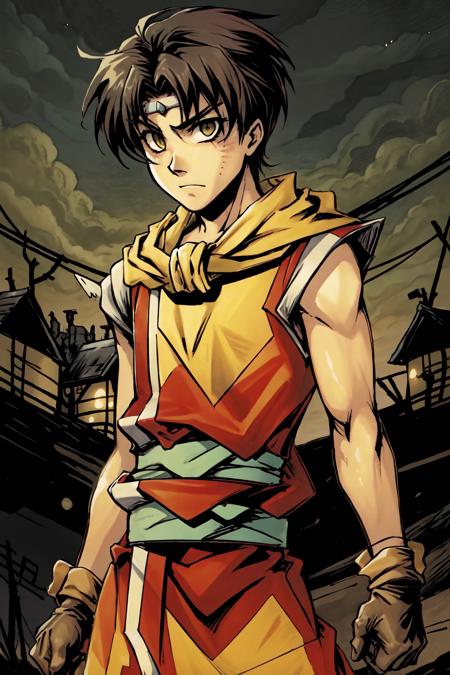 comic style, thick outline, RiouSuikoden,1boy, solo,  yellow scarf, red tunic, black pants, creepy village in the background, dark atmosphere,  <lora:Riou_Suikoden2V1.6:0.9>