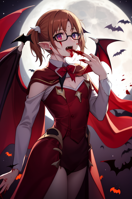 sakuraiaina, glasses, vampire, fangs, bat wings, neck biting, blood, vampire costume, pointy ears, wings, red eyes, halloween, bite mark, fang, sharp fingernails, pale skin, blood from mouth, bat hair ornament, slit pupils, blood on face, moon, biting, cape, 1girl, head wings, mecha