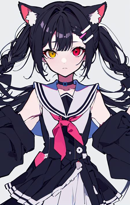 1girl, animal_ears, bangs, black_collar, black_hair, braid, choker, closed_mouth, collar, dog_ears, dress, earrings, expressionless, gradient, gradient_background, grey_background, hair_ornament, hairclip, heterochromia, inui_toko, jacket, long_hair, long_sleeves, looking_at_viewer, off_shoulder, red_eyes, sailor_collar, shirt, simple_background, single_braid, skirt, solo, twin_braids, twintails, upper_body, virtual_youtuber, yellow_eyes <lora:style_mochikei:1>