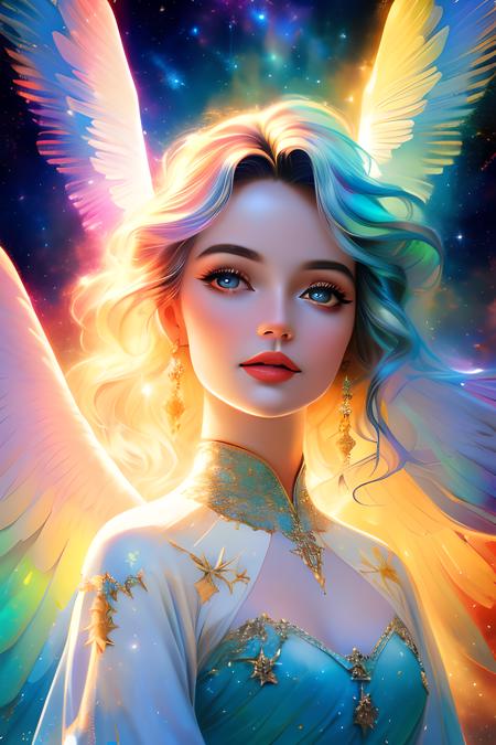 a photorealistic photo of a graceful female angel clothed in glittering, perfect wings, symmetrical wings, colorful fine linen, surrounded by radiant flowers and bright clouds, smoke, misty, shimmering auras, morning lighting, close-up, almost white blonde hair, glowing skin, soft, graceful opalescent glowing wings, calm galaxy pupils eyes, in the distant sky can stars that shine brightly, 8k uhd, dslr, soft lighting, high quality, film grain, Fujifilm XT3 , style-rustmagic
DeepJourney, deepjourney
 <lora:DeepJourney:1.2>