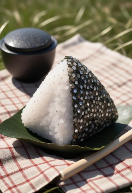 8k, Raw digital photo, a onigiri made of diamonds, with a nori wrap, placed on a picnic cloth in a field, familiar and dreamlike, High Quality, Soft Texture, Full Colour, 80mm, simple dark background,