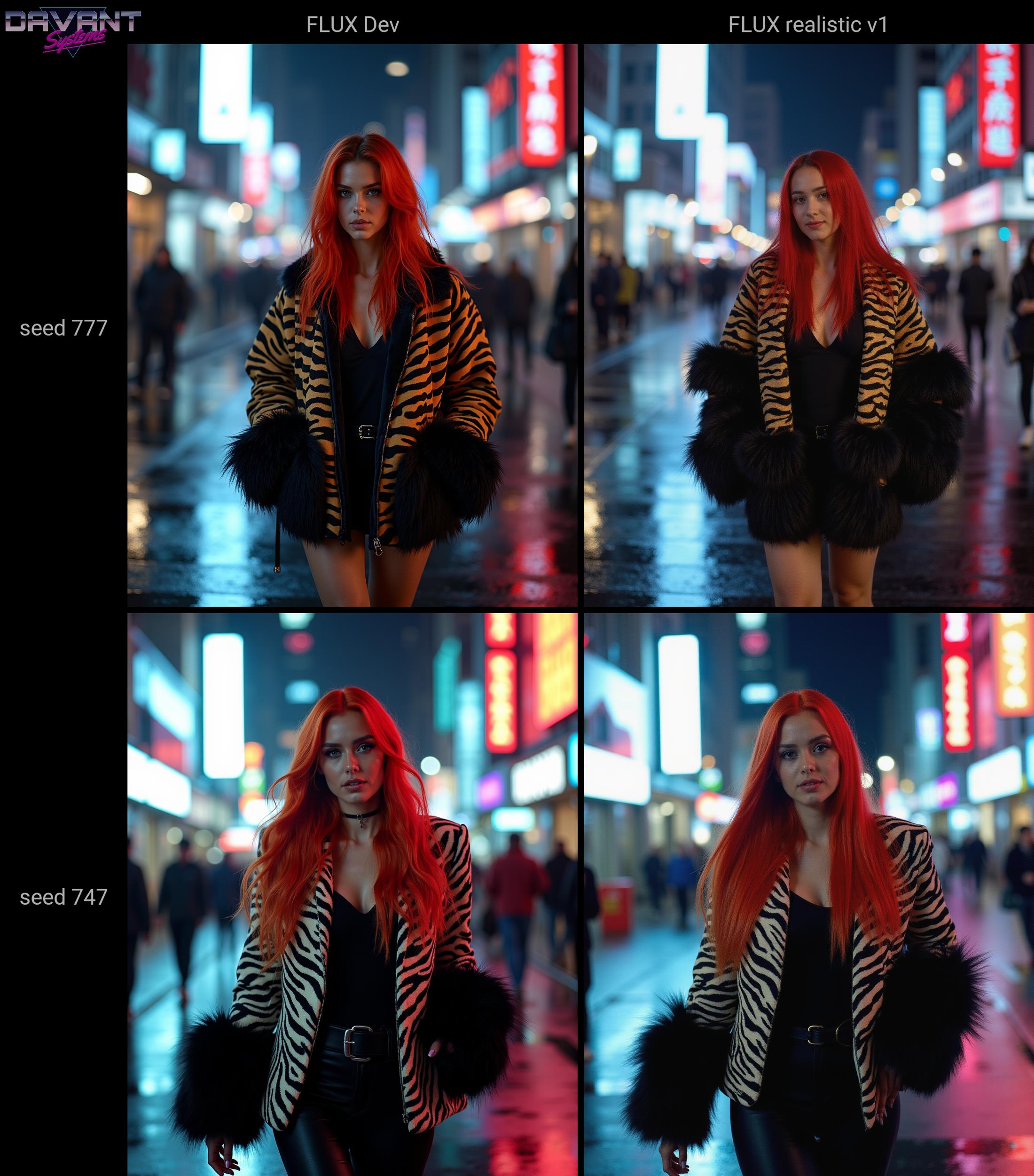 A high-resolution photo of a stylish woman walking through a city street at night. She has long, vibrant red hair and is wearing a bold, zebra-print jacket with dramatic black fur accents on the sleeves. The city background is illuminated by neon lights, with reflections from wet surfaces creating a moody, futuristic atmosphere. The woman has a confident, slightly enigmatic expression as she moves through the bustling urban environment,
