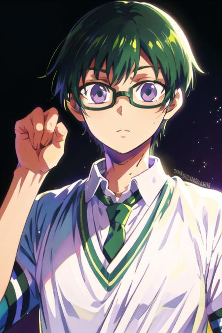 masterpiece, best quality, high quality, 1boy, solo, male focus, looking at viewer, upper body, <lora:takaharu_ootomo:0.64>, takaharu_ootomo, purple eyes, green hair, glasses, ,