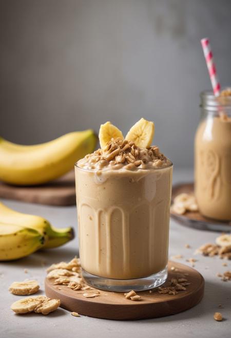 RAW photo, peanut butter banana smoothie, hot summer day, food photo, DSLR, banana slices and a drizzle of peanut butter garnish, soft lighting, high quality, film grain, Fujifilm XT