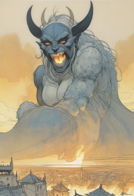 (A sketch by Moebius, Katsuya Terada, Jeffrey Catherine Jones),
female Titan monster with dark skin, horns, claws, fangs, snarling, round glowing eyes and liquid fire dripping from her mouth towering over a small medieval city,
view from below, massive weight
