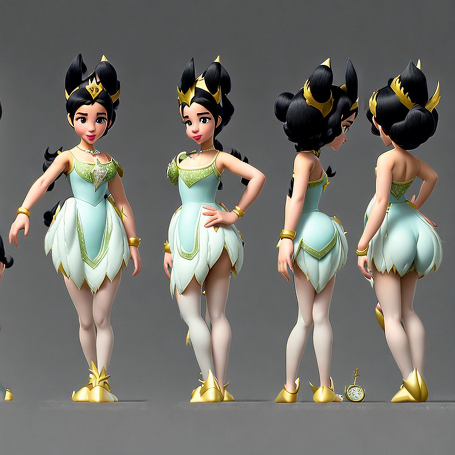 21CharTurnerV2_c character turnaround of (Snow White:1.3), (Disney style:1.3), 3D render, curious expression, hair in a bu...
