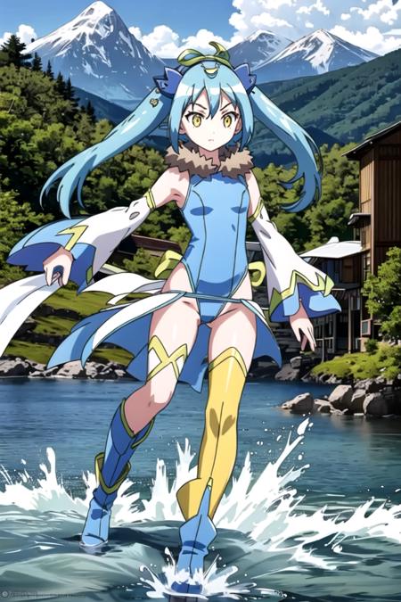 mrbl blue hair, yellow eyes, single thighhigh, detached sleeves, leotard, hair ribbon, asymmetrical legwear, twintails, boots, horizontal string around hips