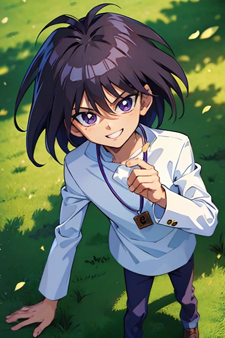 (masterpiece, best quality, ultra-detailed), 1boy, purple hair, looking at viewer, smiling expression, Mokuba Kaiba, park, grass, boy body, standing,