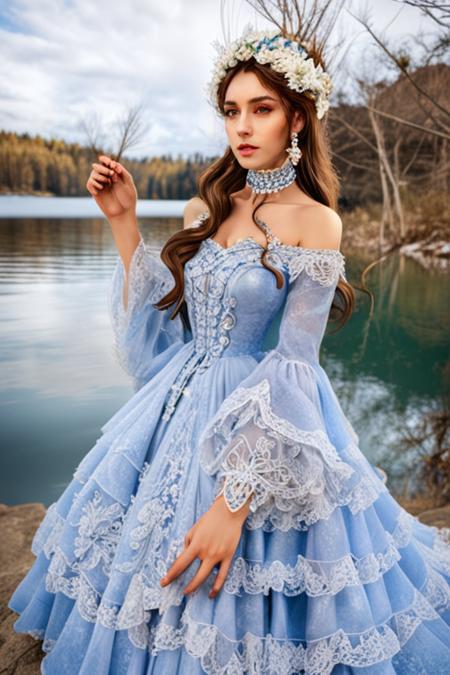 Diana,blue dress,jewelry,earrings,lace,lace trim,hair ornament,choker,long sleeves, Diana,pink dress,jewelry,earrings,lace,lace trim,hair ornament,choker,long sleeves,