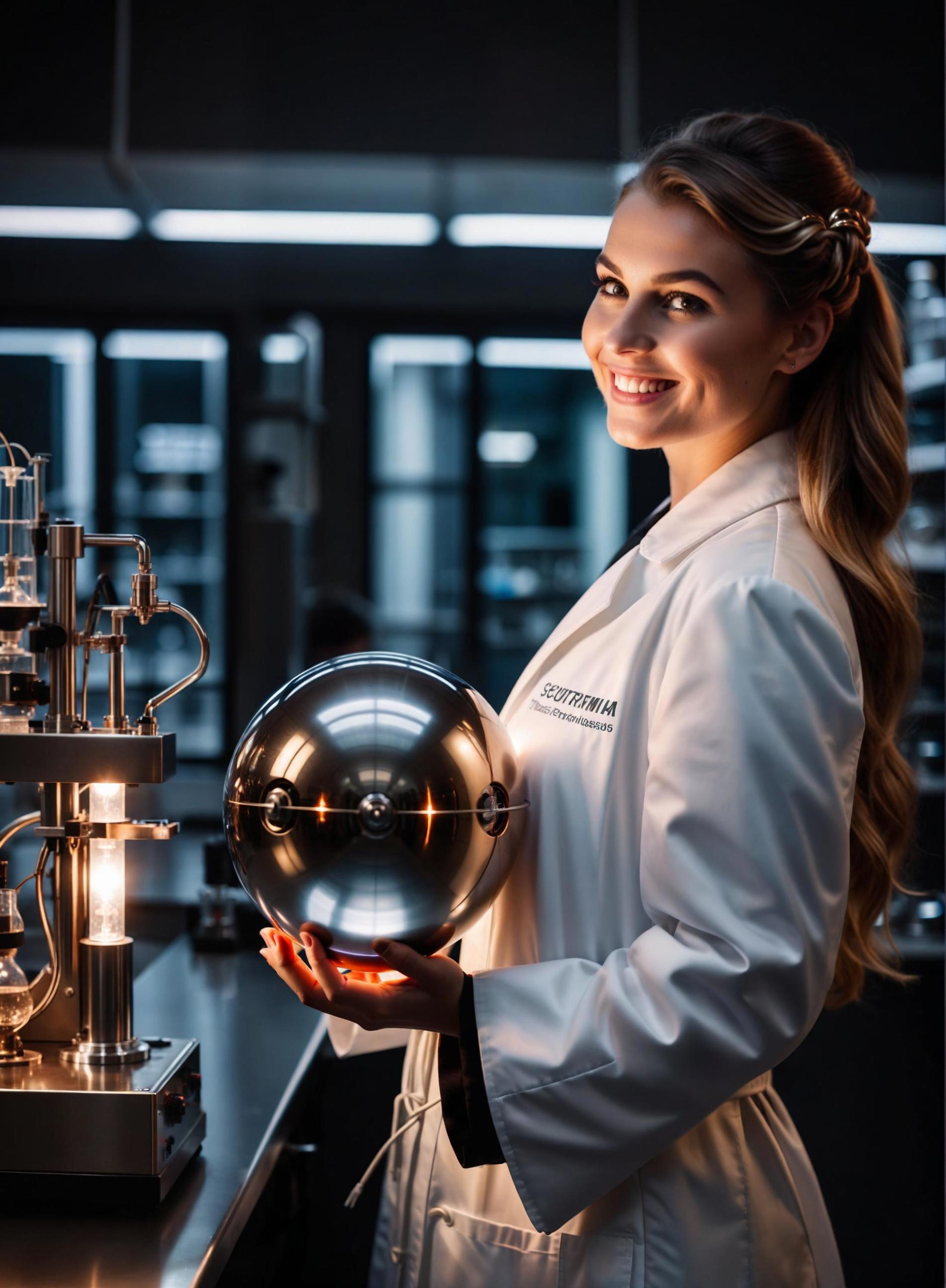 Smiling woman in white lab coat holding a silver sphere.