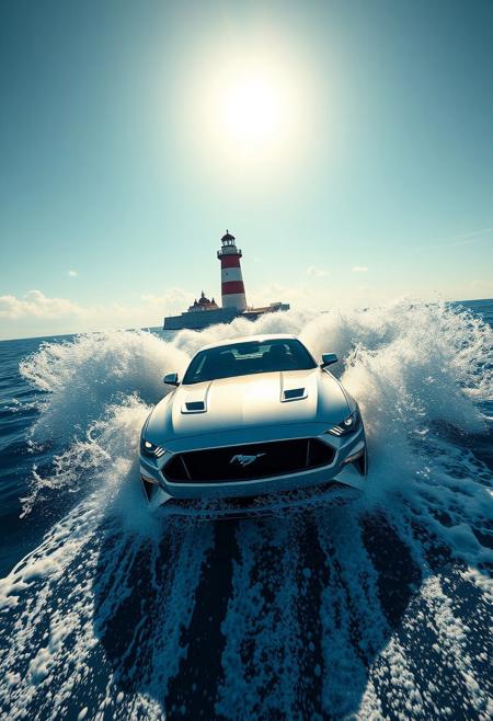 silver perl color ford mustang surfing on huge ocean waves, sunny weather,  water splashes, silver perl color ford mustang sport drifting on waves around a lighthouse in the middle of the sea, view like gta games FPV