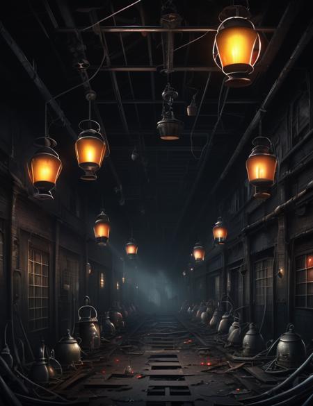 h4l0w3n5l0w5tyl3DonMD4rk detailed Abandoned Factory, Supernatural, Lanterns, Cauldrons, Sinister Spotlights, Dark Fantasy  <lora:h4l0w3n5l0w5tyl3DonMD4rk_v1.1-000008:0.85>