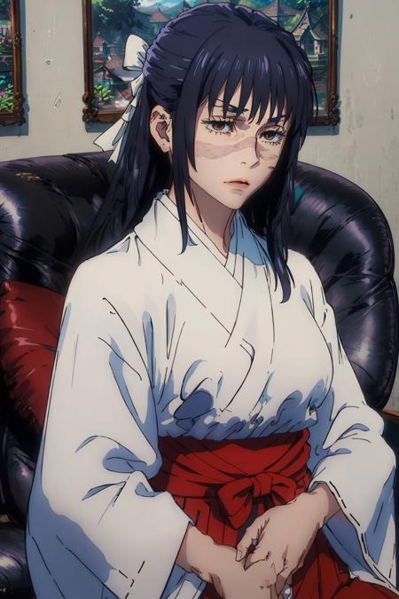 (masterpiece, best quality:1.2), <lora:jjk_iori-10:1>, solo, 1girl, iori utahime, miko, scar on face, expressionless, closed mouth, looking at viewer, sitting, hair bow, japanese clothes, red hakama