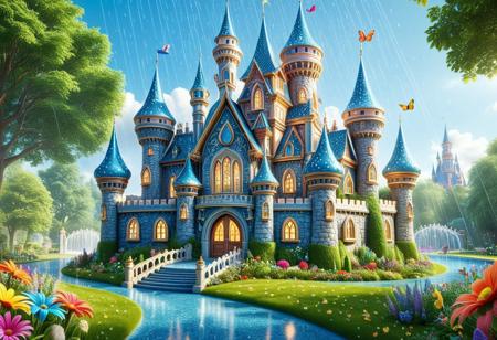 A happy cute, (castle in the rain:1.2), (tearStyle2:1.5), building, architecture, Adorable, heart warming, cheerful, detailed, bright colours, shiny, eco-friendly, garden, (summer:1.8), environmental, sunlight, shadows, digital art, whimsical, playful, intricate details, high resolution, photorealistic, joyful atmosphere, gentle, soft lighting, cartoonish style, enchanting, vivid, appealing, imaginative, family-friendly, [photography, realistic, photorealistic, (8k), (highly detailed), cinematic lighting, intricate details, (high resolution), award-winning,   correct focus, realistic, realistic lighting, (highly detailed),  masterpiece], ((Cinematic Still-Shot)), no humans,