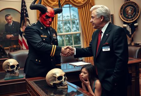 general satan in an immaculate military dress uniform posing for photo shaking hands with president clinton of the united states in sharp suit inside the oval office, real photograph,  dark empty eyes, lovecraftian, photorealistic, correct hands, correct fingers, presidential seal, vote button, campaign photo, election, decorative otherworldly demonic skull artifact on desk, woman on knees with mouth full