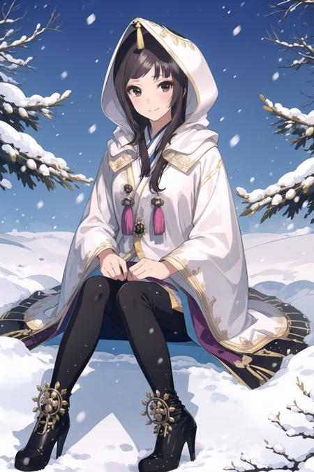 (masterpiece),(best quality),
(aya_wo2u:1.31), 1girl, solo,  sitting, ((thigh boots)),(high heels:1.21), (black hair),  hood, pantyhose, robe,  japanese clothes, black eyes,  smile,  (realistic:-1), blush, snowing, snow, winter, makeup,
<lora:add_detail:0.3>, outdoors, <lora:AyaV2:0.9>, (weapon:-1), (kimono:-0.8),(aya_wo2u:-1)