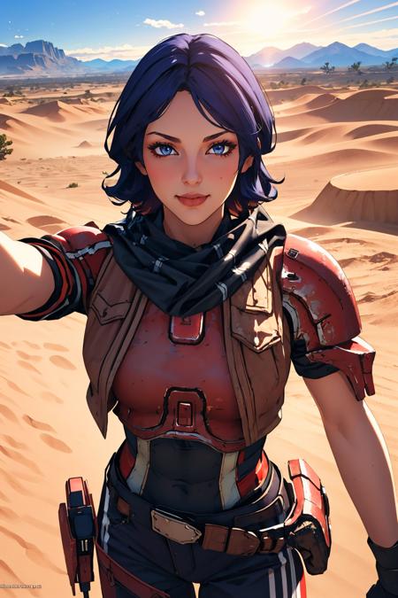 (masterpiece, best quality:1.2),  <lora:athenabl:.9>, athenabl, 1girl, solo, breasts, gloves, armor, scarf, pants, belt,  <lora:ffc_selfie_v1:0.9>, ffc selfie, outdoors, desert, mountain, sand, light particles, dust, lens flare, smile, looking at viewer,