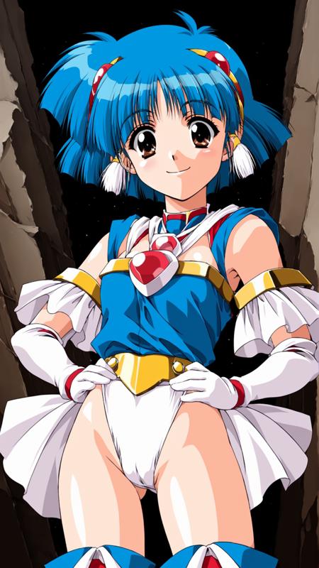 sawady, blue hair, short hair, hair ornament, brown eyes, small breasts, red skirt, shoes, 1990s \(style\)