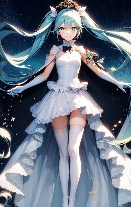 1girl, aqua_eyes, aqua_hair, bangs, blue_hair, bow, bowtie, constellation, dress, floating_hair, frills, full_body, gloves, hair_ornament, hat, holding, light_particles, long_hair, looking_at_viewer, neck_ribbon, night, night_sky, short_dress, skirt, sky, smile, solo, spotlight, standing, star_\(sky\), starry_background, starry_sky, starry_sky_print, thighhighs, twintails, very_long_hair, white_dress, white_gloves, white_legwear, zettai_ryouiki<lora:style_Rella:1>