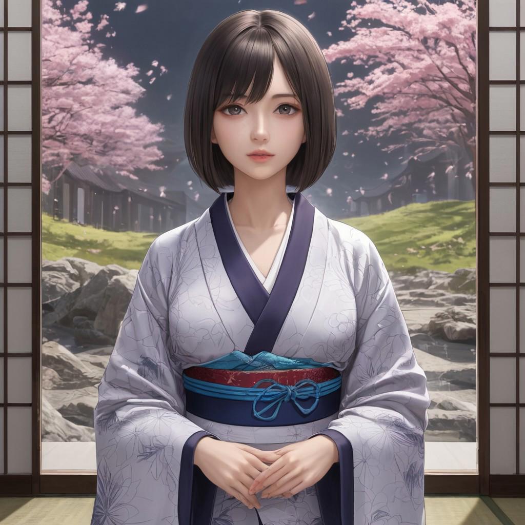 Top Quality, Masterpiece, High Definition, 1girl, Beautiful and Perfect Face, Bob Cut, Japanese Clothing,Kimono, Intricate Details, Very Detailed