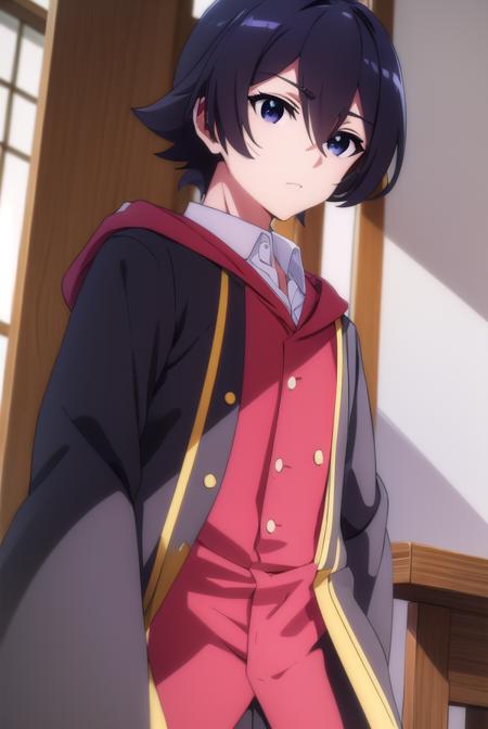 seiichihiiragi, <lora:seiichi hiiragi s2-lora-nochekaiser:1>,
seiichi hiiragi, black hair, hair between eyes, ahoge, male focus, (black eyes:1.5),
BREAK school uniform, hood, robe, shirt, white shirt, collared shirt,
BREAK indoors, classroom,
BREAK looking at viewer, (cowboy shot:1.5),
BREAK <lyco:GoodHands-beta2:1>, (masterpiece:1.2), best quality, high resolution, unity 8k wallpaper, (illustration:0.8), (beautiful detailed eyes:1.6), extremely detailed face, perfect lighting, extremely detailed CG, (perfect hands, perfect anatomy),