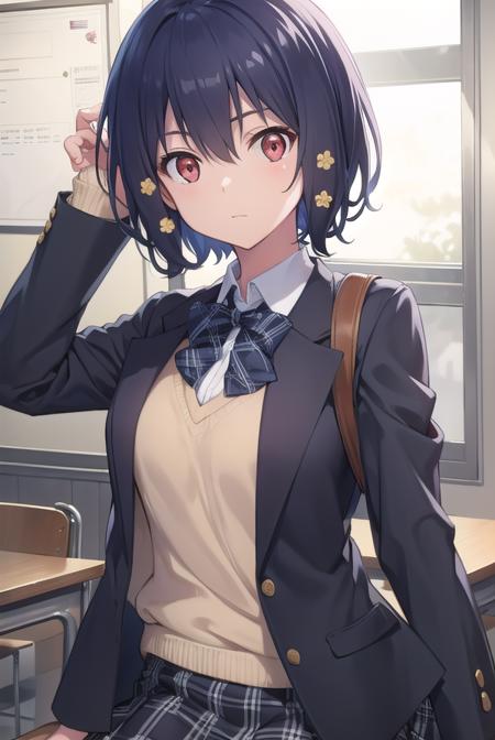 aimizuno, <lyco:aimizuno-lyco-nochekaiser:1>,
ai mizuno, black hair, hair between eyes, (red eyes:1.5), short hair,
BREAK black jacket, black legwear, black neckwear, black skirt, blazer, brown footwear, collared shirt, flower, hair flower, hair ornament, jacket, loafers, long sleeves, miniskirt, open clothes, open jacket, plaid, plaid neckwear, plaid skirt, pleated skirt, school uniform, shirt, shoes, skirt, sweater, white shirt, wing collar, yellow flower, yellow sweater
BREAK looking at viewer, full body,
BREAK indoors, classroom,
BREAK <lyco:GoodHands-beta2:1>, (masterpiece:1.2), best quality, high resolution, unity 8k wallpaper, (illustration:0.8), (beautiful detailed eyes:1.6), extremely detailed face, perfect lighting, extremely detailed CG, (perfect hands, perfect anatomy),