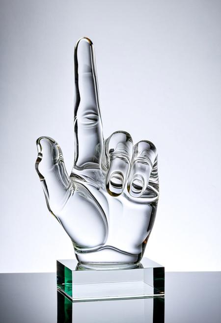 A clear glass sculpture showing the middle finger