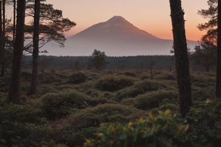 raw photo, a sunset landscape, Valdivian temperate forests, Chilean forest,  cozy, photorealistic, high detailed texture, 8k uhd, dslr, soft lighting, high quality, film grain, Fujifilm XT3, Sony A7 IV, highly detailed photography, (muted colors, cinematic, dim colors, soothing tones:1.2), vibrant, insanely detailed, hyperdetailed, (dark shot:1.2), (vsco:0.3), (intricate details:0.9), (hdr, hyperdetailed:1.2) (highest coherency: 1.39) (highest quality: 1.39) (rule of Thirds) (award winning) (breathtaking) (masterclass) (vibrant color: 0.79) (raining)