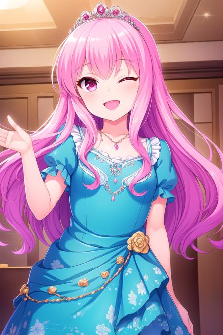 (masterpiece, best quality), highly detailed background, perfect lightingbest quality, kagamimatsuri, solo, indoors, princess, tiara, pink hair, curly hair, very long hair, one eye closed, pink eyes, necklace, jewelry, print dress, frilled dress, blue dress, short sleeves, <lora:GoodHands-vanilla:1>, smile, closed mouth, ;d, pink lips, <lora:Kagami-Matsuri:0.7>