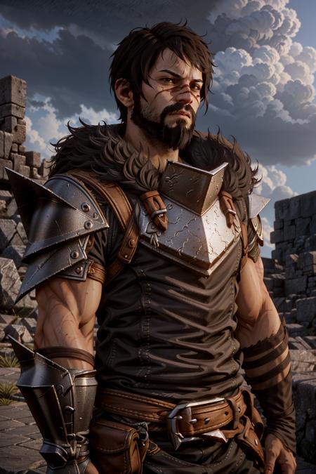 MHawkeDA, 1boy, solo, facial hair, male focus, beard, brown hair, fur trim, armor, brown eyes, closed mouth, sky, scar, upper body, realistic, scar on face, short hair, day, looking at viewer, black hair
<lora:epi_noiseoffset2:1>,   <lora:MHawkeDA:0.7>