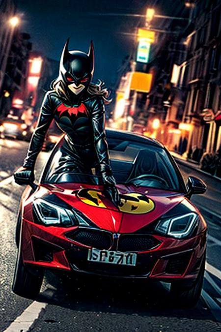 Batwoman driving the Batmovil on a street at night