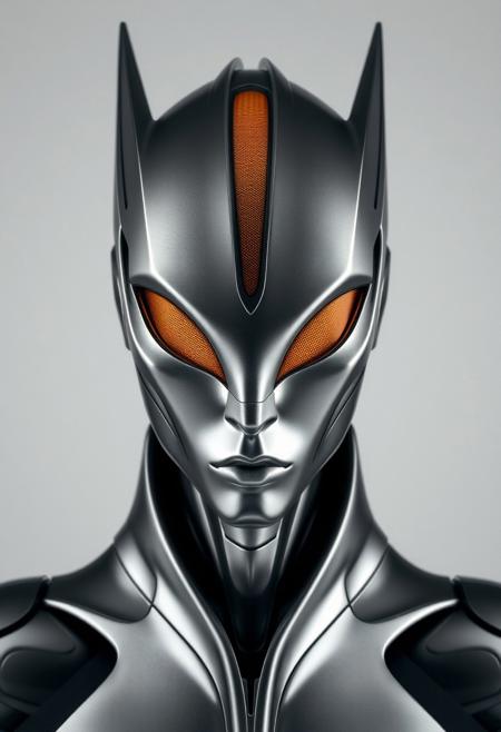 The image features a highly stylized humanoid figure with a sleek, metallic surface. The elongated head has sharp, angular features and a gold-textured central crest. The eyes are replaced by an orange-gold visor-like element. The overall design suggests advanced technology or artificial intelligence.
