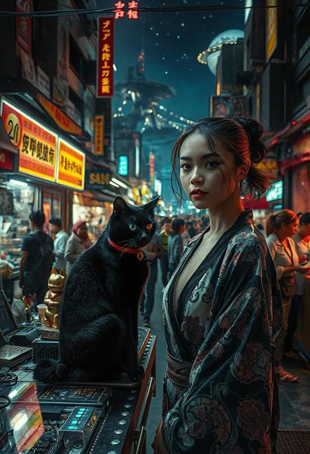 Setting is a futuristic cyberpunk street market at night, the market is comprised of street vendors selling robot parts, food, weapons, and robots. People wearing futuristic cyberpunk clothing are walking through the street market shopping and eating, A sleek black cat with red collar sits on a cluttered metal riveted desk with transparent top and micro-LED lighted computer components visible inside, On the desk is an ebony and gold maneki neko statue and futuristic art deco lighting, (((a beautiful woman, 24 years old, is standing in the foreground FACING THE VIEWER, she has an expression of interested curiosity)))))), the sleek black cat with red collar is sitting on the desk and watching the people walking by in the busy street market, the woman is dressed in futuristic cyberpunk Japanese style yukata with a plunging neck line alluring but Japanese classic aesthetic. An enormous art deco inspired starship with futuristic lighting and an enormous space station are visible in the background among the stars, The woman's hair is elegantly tied up with a ribbon. Artistic cyberpunk, dynamic perspective, (((overall architectural aesthetic is Art Deco Cyberpunk))).  Epic image that elicits a feeling of wonder and awe, CLASSICALLY STYLIZED LIGHTING AND ARCHITECTURE FROM CHINA INDIA JAPAN FRANCE EGYPT ROME AND GREECE,