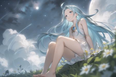 outdoor, field of deapth, (long shot, highly detailed background:1.2), (night, night_sky, cloudy sky, full moon:1.2), flowers, <lora:lyria:0.8>, solo, 1girl, (full body, sitting:1.2), lyria_\(granblue_fantasy\), granblue fantasy, aqua hair, shiny hair, very long hair, ahoge, blue eyes, small breasts, white cami-dress, short skirt, wedding guntlets, thin legs, bare foot, light smile, looking up, dynamic perspective, (☆ in 👁:1.2),