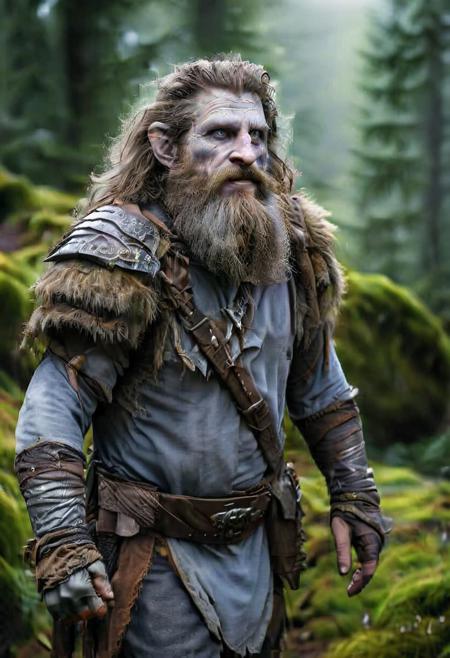 (photograph:1.8), (photorealistic:1.6), (realistic:1.7), (intricate detail:1.1), (soft lighting), male firbolg, grey skin, brown hair, beard, in a forest grove, at dawn, holding weapon, holding mace, metal armor, shield, storm cleric, (facing viewer, (cowboy shot)), 8k uhd, dslr, soft lighting, high quality, film grain, Fujifilm XT3