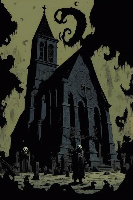 <lora:Mike Mignola Style:1>Mike Mignola Style - church of the old gods, mike mignola art style, gritty dark comic books style