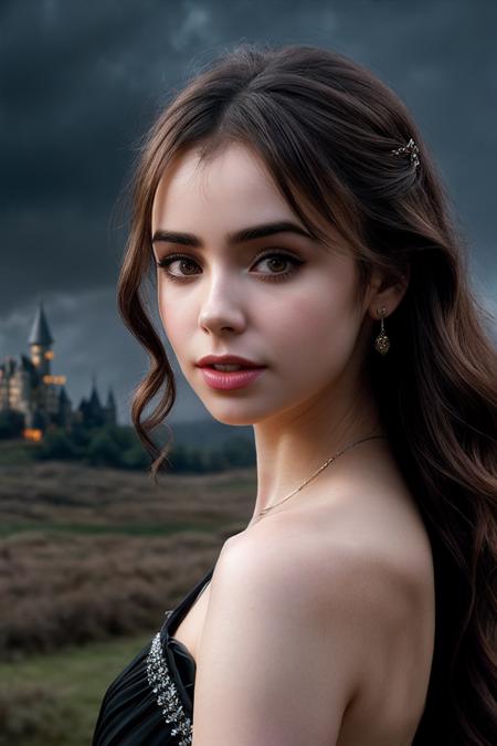 LilyC_SoloTI_v1, PA7_Portrait-MCU,
a beautiful woman, (Rocking a figure-hugging retro dress with polka dot prints and a sweetheart neckline, paired with classic red pumps and a playful hair scarf),
(Sinister castle looming over a desolate landscape, lightning crackling across the sky, the eerie howl of distant wolves, minions scurrying to fulfill her commands, the air thick with the scent of ancient magic and impending doom:1.3), (seductive:1.3),(analog, cinematic, film grain, hazy atmosphere, cinematic shot:1.3), 
 <lora:add_detail:0.6>,<lora:LowRa:0>