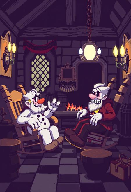 PIXEL ART, ELDER MARIO BROS AND ELDER BOWSER IN ROCKING CHAIRS IN AN ASYLUM HAPPY