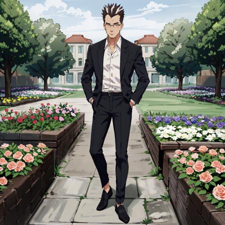 masterpiece,high quality,solo,garden,rose,
<lora:Ojisan001:0.7>,looking at viewer,
Ojisan,1oldman,
streaked hair,hair slicked back,short hair,spiked hair,two-tone hair,multicolored hair,black hair,white hair,brown eyes,
glasses,
formal,suit,shirt,
full body,