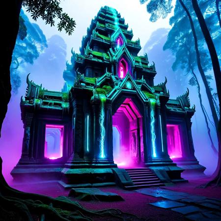 Angkor Wat reimagined as a vast, dystopian biopunk temple complex. Ancient stone towers are fused with biomechanical growths, organic sinewy cables, and tangled roots that glow with eerie neon veins of aquamarine and purple. Massive stone faces are partially transformed with cybernetic circuits etched into their features, illuminated with bioluminescent patterns. The temple walls are cracked and overgrown with biomechanical trees, their trunks pulsing with glowing liquid. Strange pink and blue neon lights outline the temple entrances, casting an ominous glow on the mossy ruins. The atmosphere is dark and foggy, with scattered sparks, misty steam vents, and a jungle overrun by technology and organic mutation. Ultra-detailed, hyper-realistic, cinematic lighting, and a haunting, otherworldly mood.