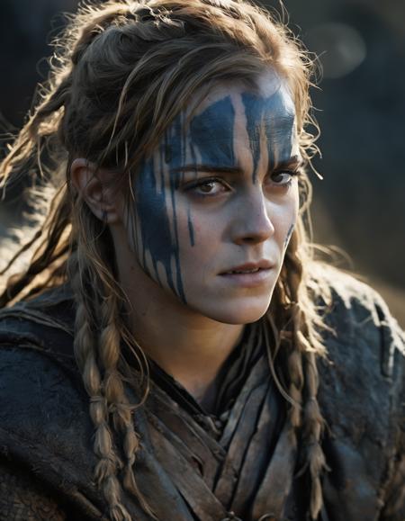 Close-up of (ohwx woman) <lora:watson_lora_sdxl_v1-000008:1> in Hellblade: Senua's Sacrifice, emerging from black mud, long hair with dreads, war blue paint, paint fading, angry expression, dirty face, finely detailed eyes, moody, viking clothes, epic scene, epic composition, Photography, Cinematic Lighting, Volumetric Lighting, ethereal light, intricate details, extremely detailed volumetric rays