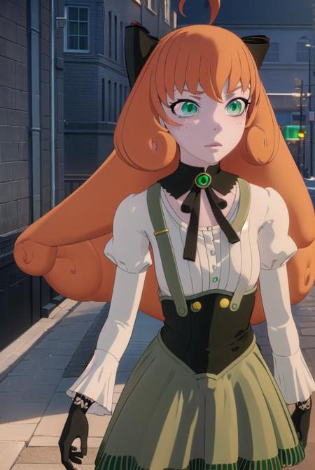 penny polendina, long hair, (green eyes:1.5), ahoge, orange hair, freckles, skirt, shirt, thighhighs, gloves, long sleeves, bow, white shirt, black gloves, puffy sleeves, green skirt, android, joints, robot joints, mechanical legs,