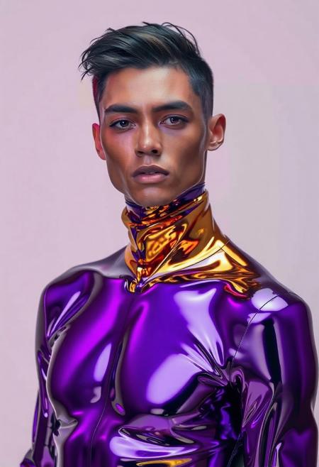 abstract male model in latex shiny full body outfit  avant-garde style with reflective gold and purple bold Color Scheme